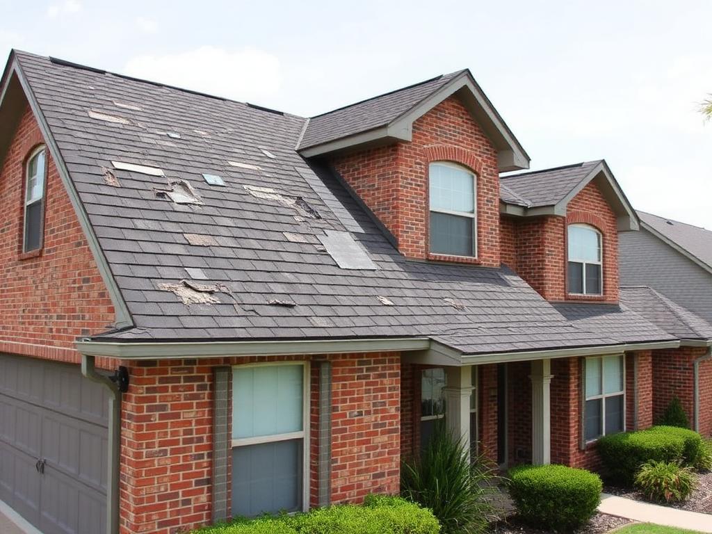 hail-damaged asphalt shingle roof on a Lewisville TX home before storm replacement