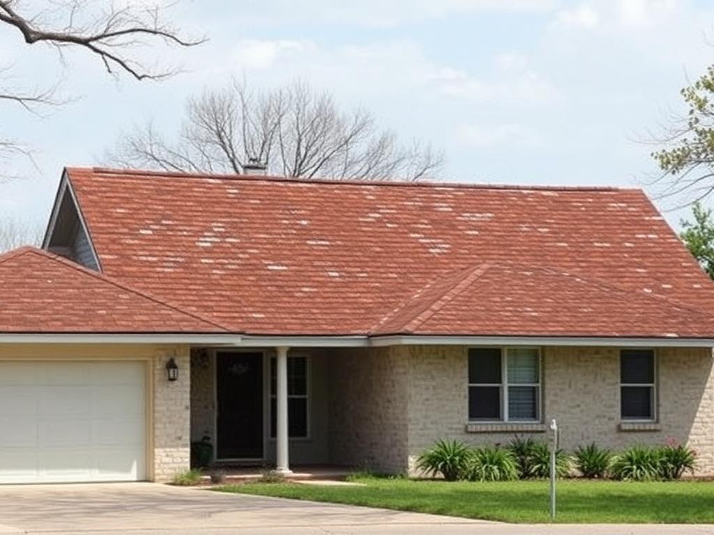 faded sun-bleached asphalt shingle roof on a Flower Mound TX home before roof replacement