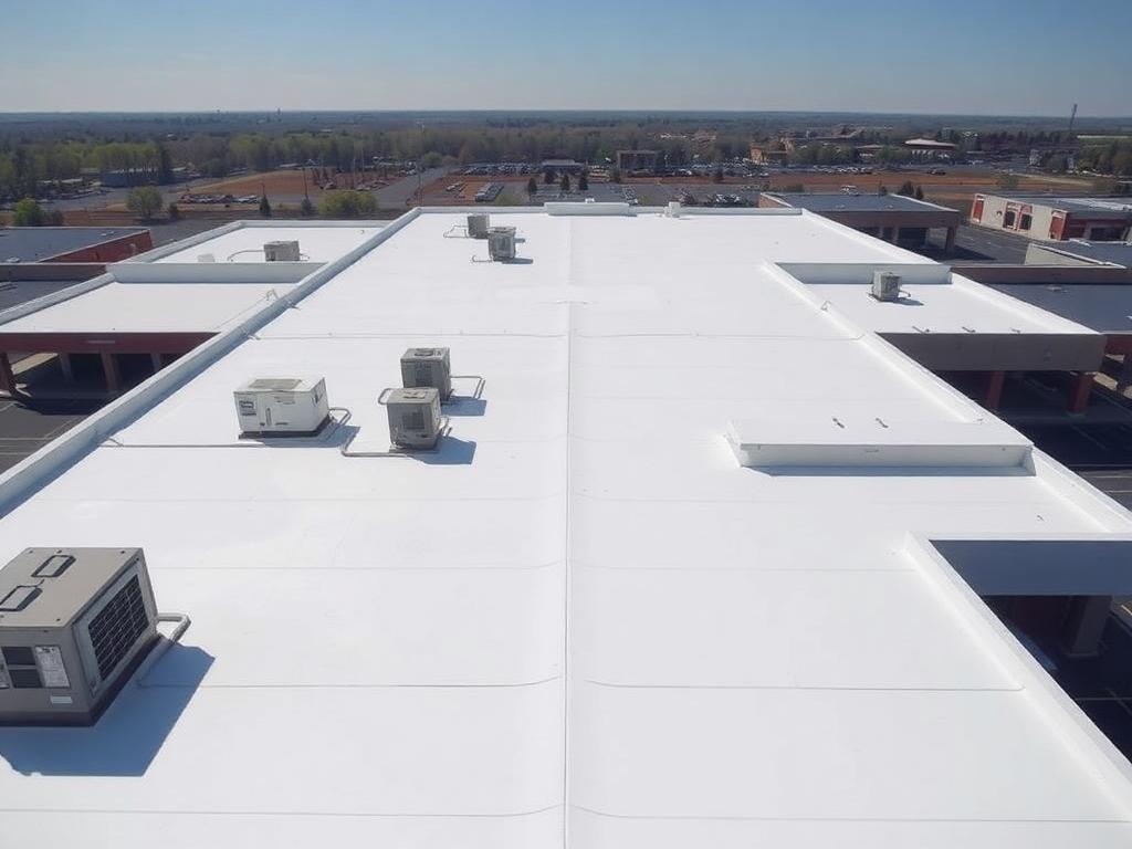 brand-new white TPO flat roof installed on a Carrollton TX commercial building