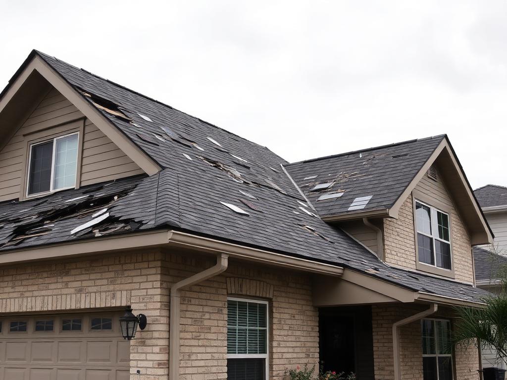 storm-damaged shingles on a Highland Village TX home before full roof replacement