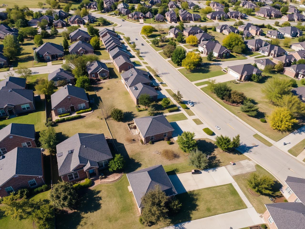 Aerial view of a Carrollton TX suburban neighborhood with uniform brick homes and dark asphalt shingle roofs