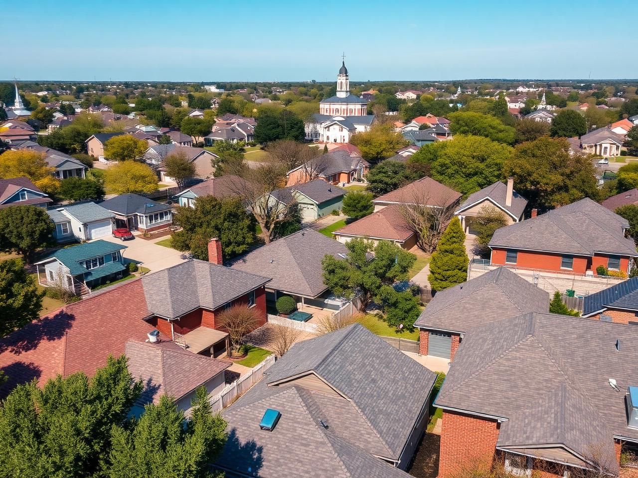 Aerial view of a Denton TX neighborhood mixing older mid-century homes with newer brick houses and the courthouse cupola in the distance