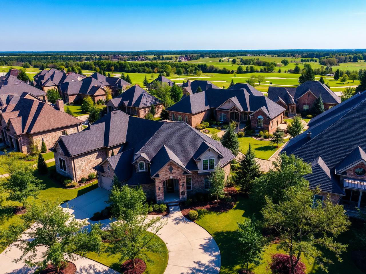 Aerial view of a Flower Mound TX upscale neighborhood with custom homes and steep architectural shingle rooflines