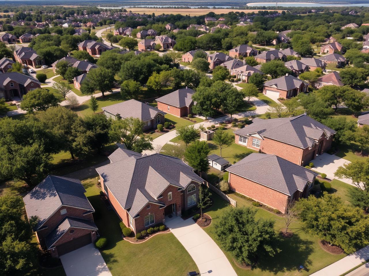 Aerial view of a Lewisville TX neighborhood with brick homes and asphalt shingle roofs near Lake Lewisville