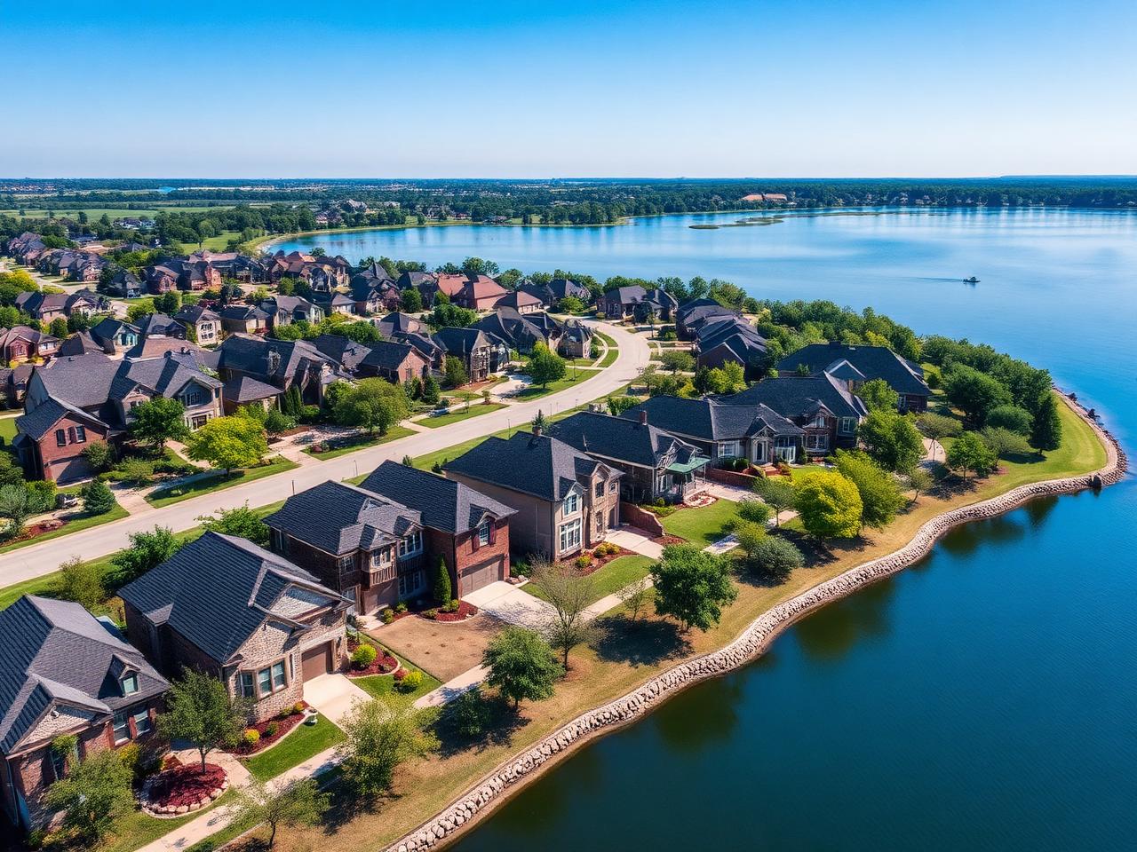 Aerial view of The Colony TX lakeside neighborhood with newer brick and stone homes along the Lake Lewisville shoreline