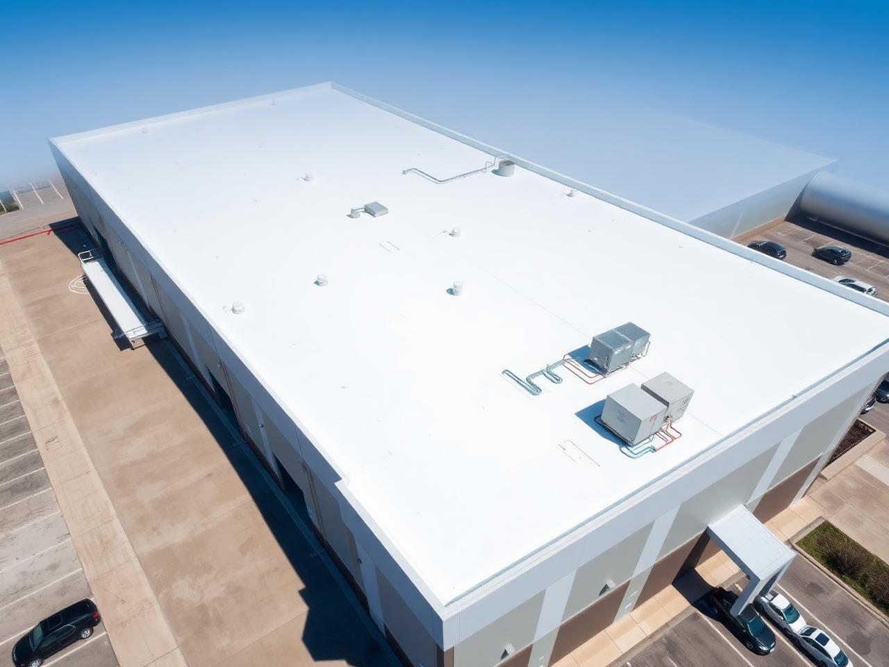 Aerial view of a white TPO commercial flat roof on a North Texas warehouse building in Lewisville