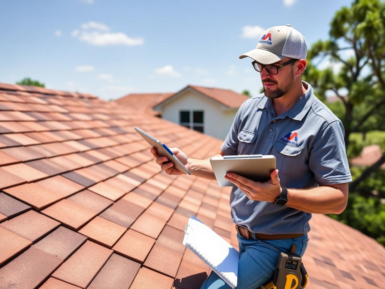 Roofing inspector documenting a Lewisville TX residential roof on a tablet during a free inspection
