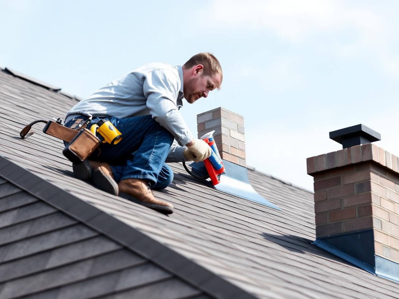 Lewisville TX roofer sealing chimney flashing during a residential roof repair