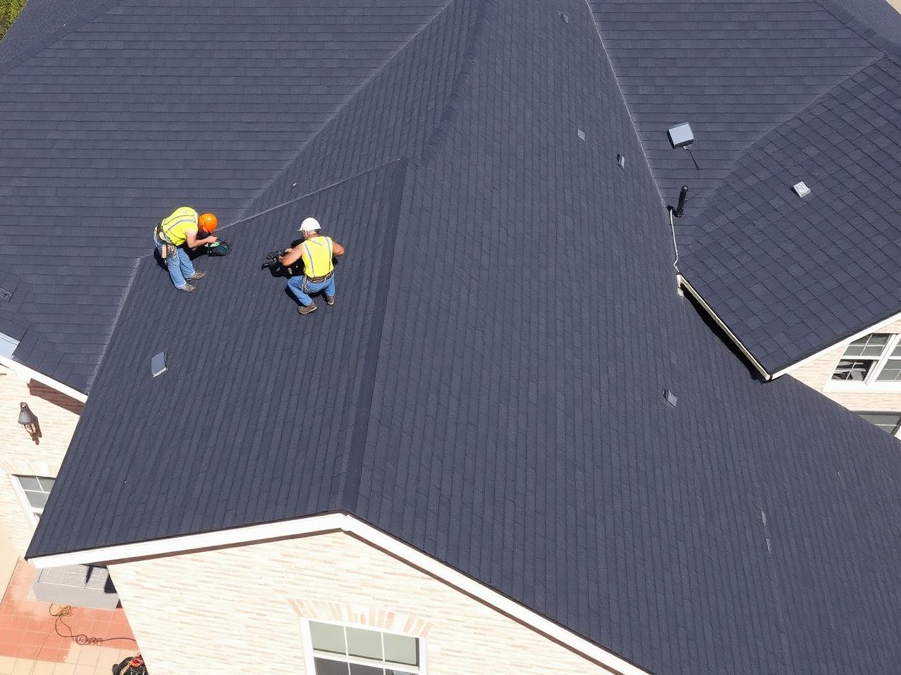 New dark charcoal architectural shingle roof being installed on a North Texas suburban home