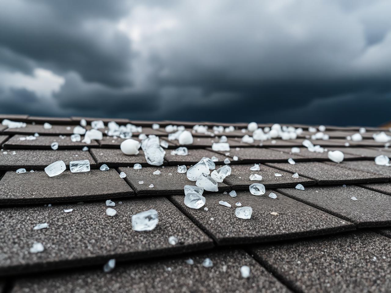 Hailstones scattered across a Lewisville TX asphalt shingle roof after a North Texas hailstorm